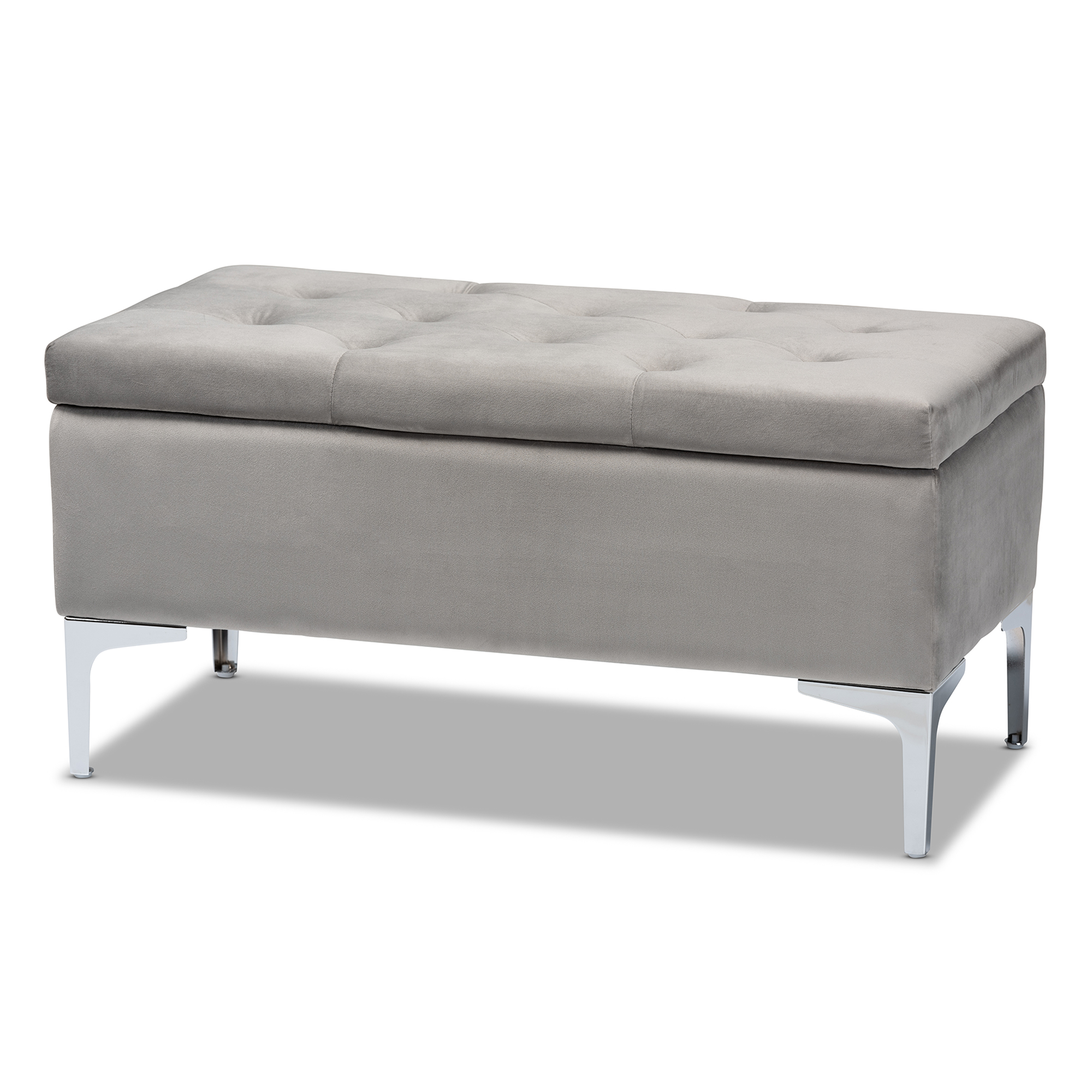 Baxton Studio Mabel Modern and Contemporary Transitional Grey Velvet Fabric Upholstered Silver Finished Storage Ottoman